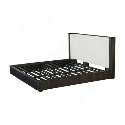Upholstered King Platform Bed Frame with Tall Headboard, Beige Linen & Espresso