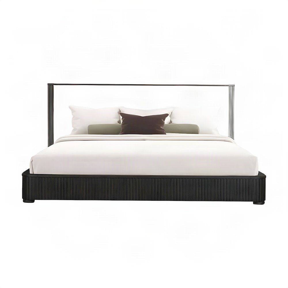 Upholstered King Platform Bed Frame with Tall Headboard, Beige Linen & Espresso