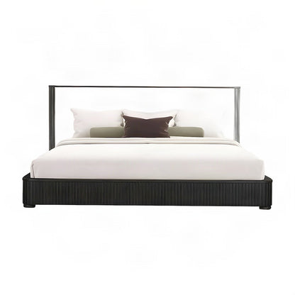 Upholstered King Platform Bed Frame with Tall Headboard, Beige Linen & Espresso
