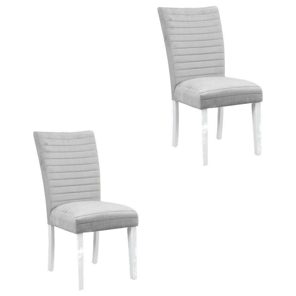 Velvet Dining Side Chair, Gray Velvet, Faux Crystal Diamonds &White High Gloss, Set of 2