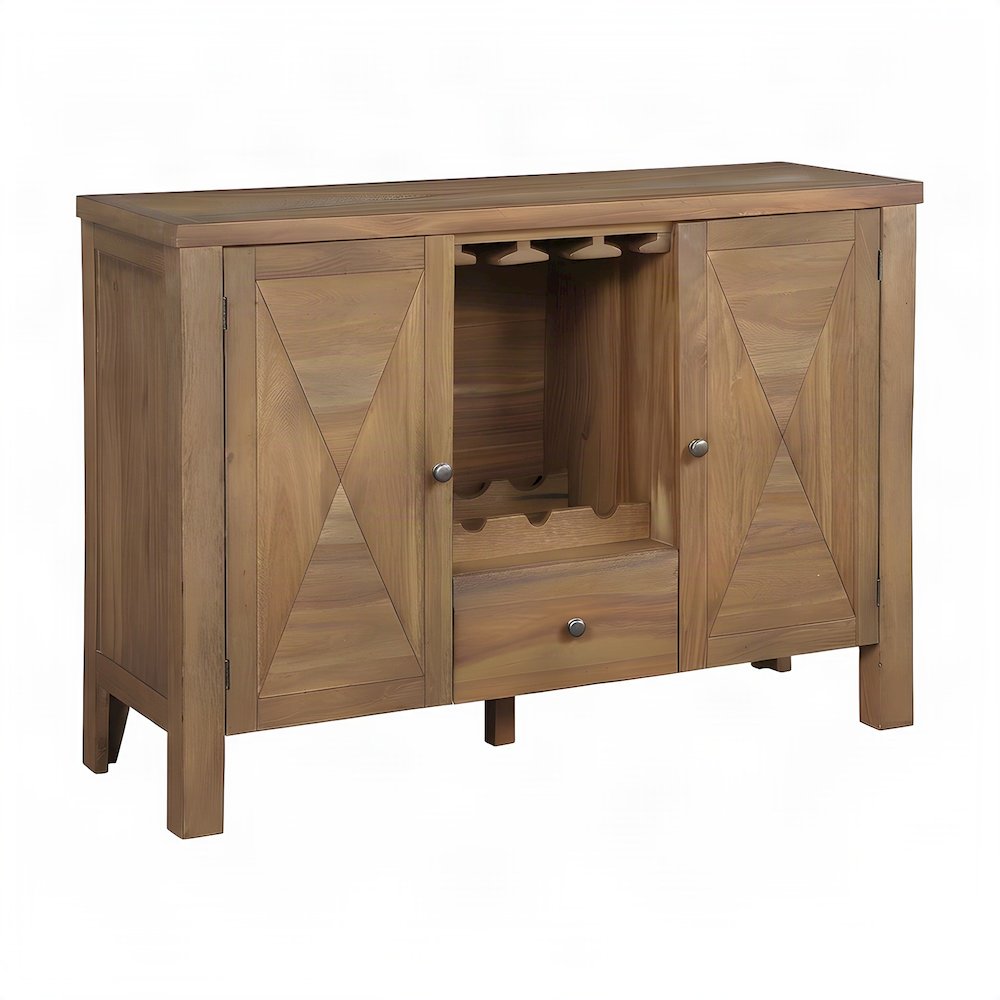 Acacia Veneer Dining Server with Fabric Drawer, Open Shelves, Gray Fabric
