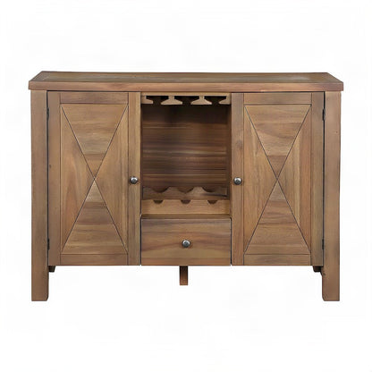 Acacia Veneer Dining Server with Fabric Drawer, Open Shelves, Gray Fabric