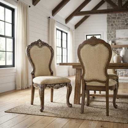 Upholstered Wood Dining Chairs with Transitional Style, Antique Oak, Set of 2