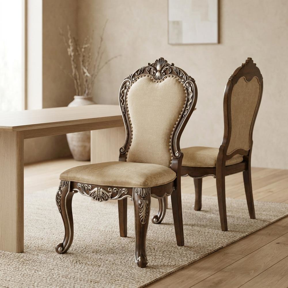 Upholstered Wood Dining Chairs with Transitional Style, Antique Oak, Set of 2