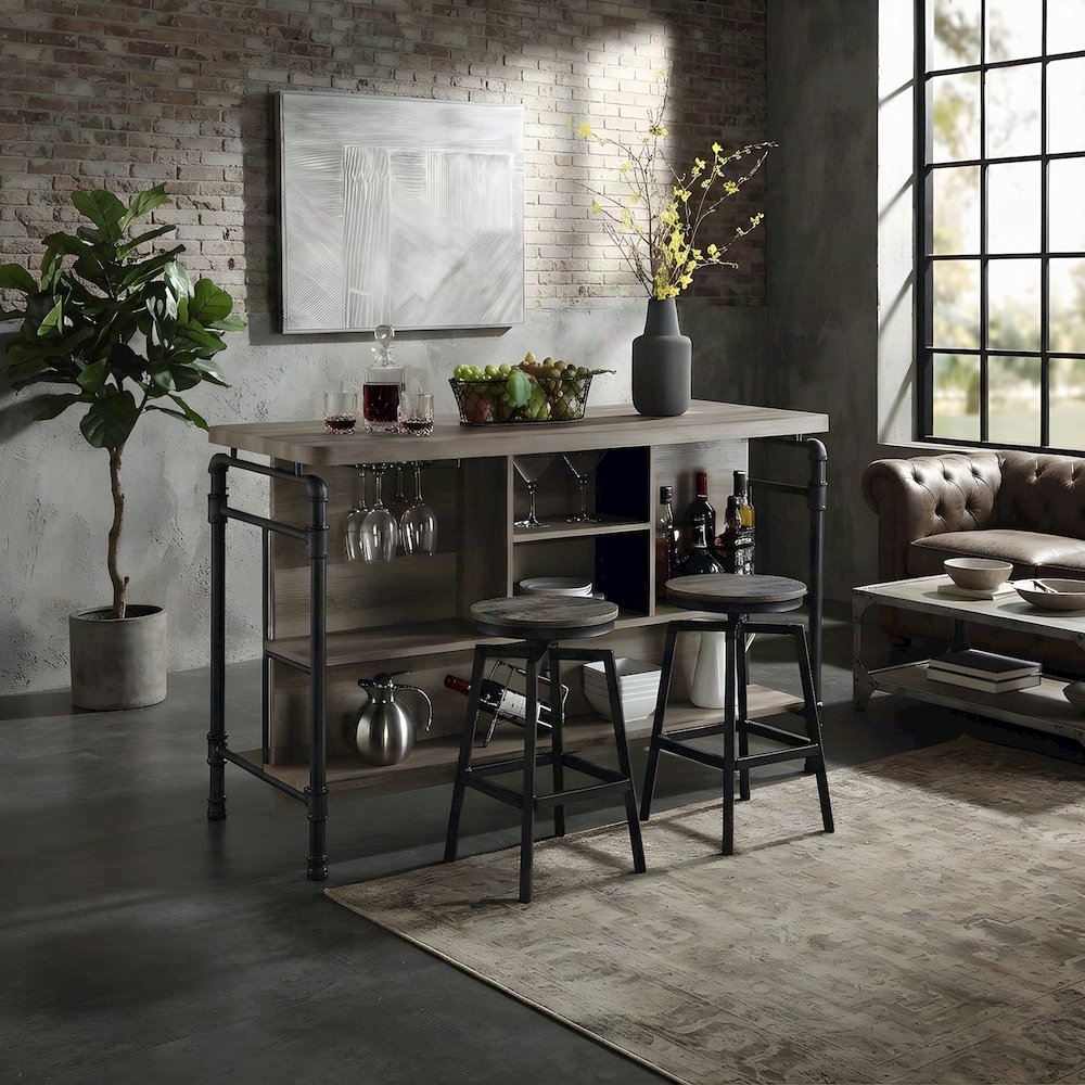 Composite Wood and Metal Kitchen Island with Storage, Antique Oak & Sandy Gray