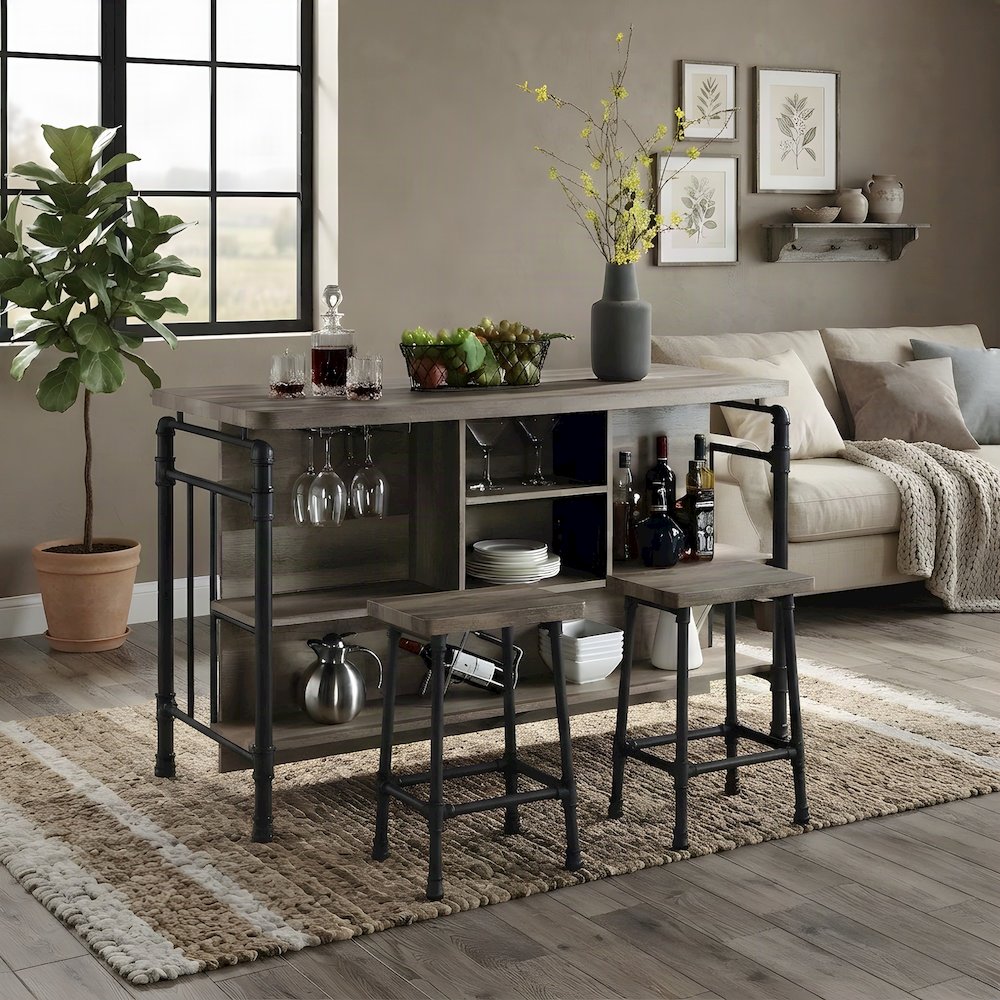 Composite Wood and Metal Kitchen Island with Storage, Antique Oak & Sandy Gray