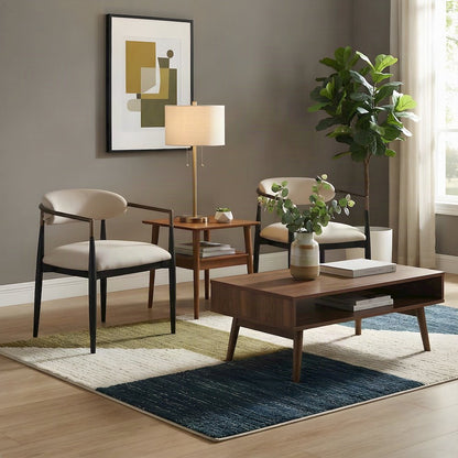 Linen Upholstered Dining Arm Chairs with Wood-Metal Frame, Beige Linen & Black