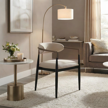Linen Upholstered Dining Arm Chairs with Wood-Metal Frame, Beige Linen & Black