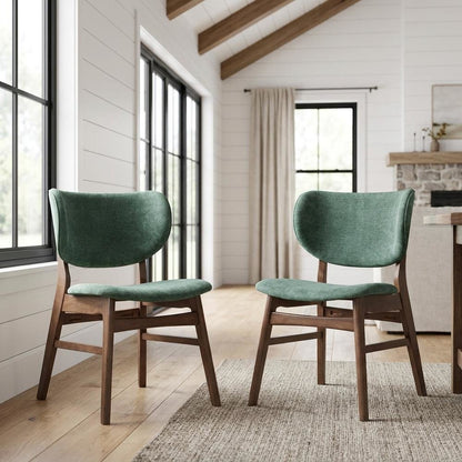 Fabric Dining Side Chairs, Scandinavian, Green Fabric & Walnut, Set of 2