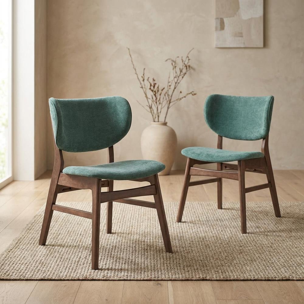 Fabric Dining Side Chairs, Scandinavian, Green Fabric & Walnut, Set of 2