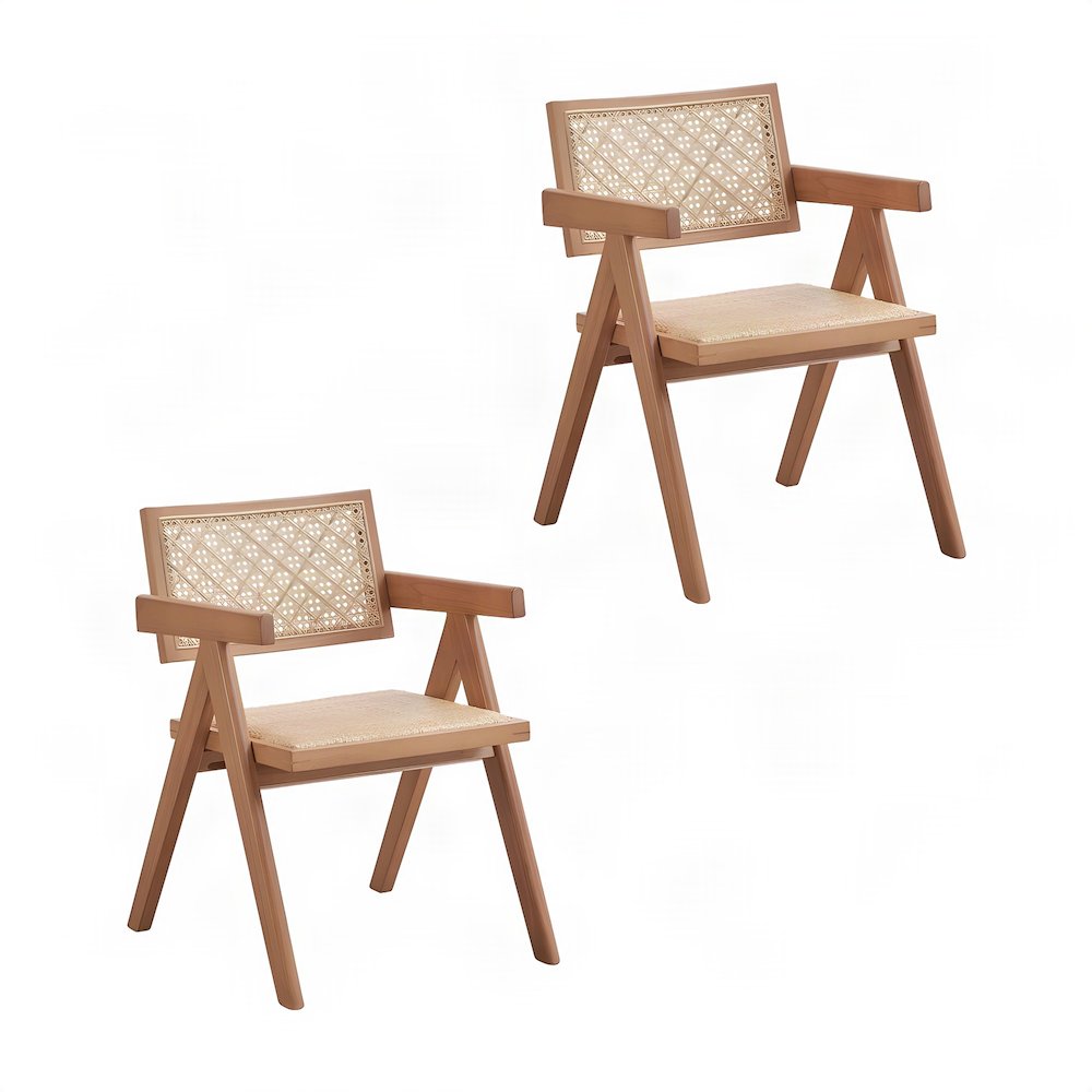Boho Rattan Dining Armchairs, Set of 2 Wicker Cane Back Chairs, Rattan & Natural