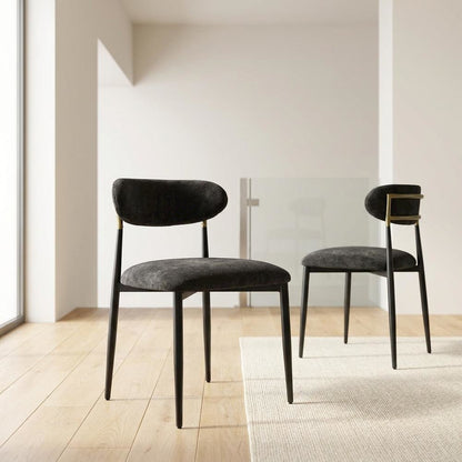 Chenille Dining Chairs, Set of 2, Black Chenille & Black