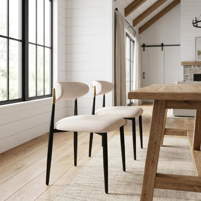 Chenille Dining Chairs with Wood and Metal Frame, Set of 2, Beige Linen & Black
