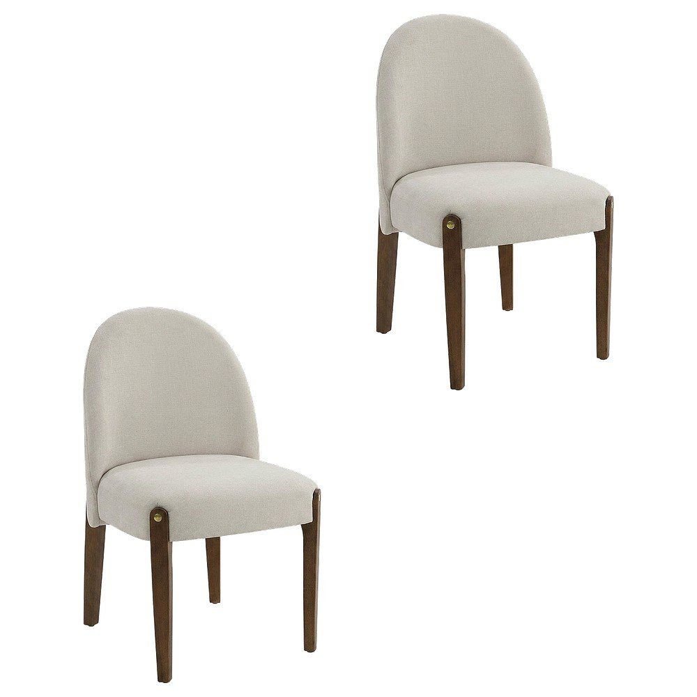 Chenille Accent Side Chair with Dark Oak Wood Legs, Beige Chenille & Dark Oak, Set of 2