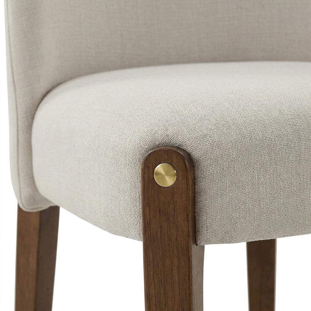 Chenille Accent Side Chair with Dark Oak Wood Legs, Beige Chenille & Dark Oak, Set of 2