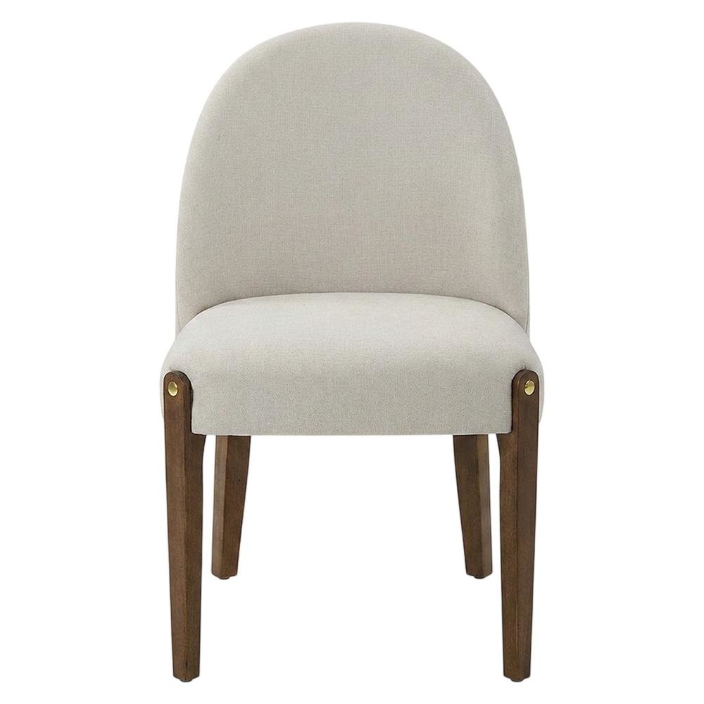 Chenille Accent Side Chair with Dark Oak Wood Legs, Beige Chenille & Dark Oak, Set of 2