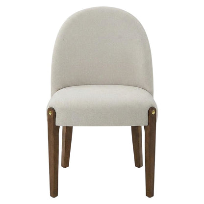 Chenille Accent Side Chair with Dark Oak Wood Legs, Beige Chenille & Dark Oak, Set of 2