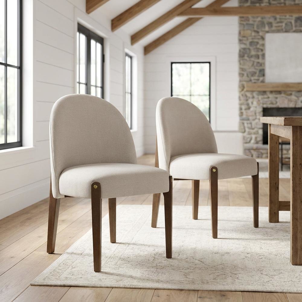Chenille Accent Side Chair with Dark Oak Wood Legs, Beige Chenille & Dark Oak, Set of 2