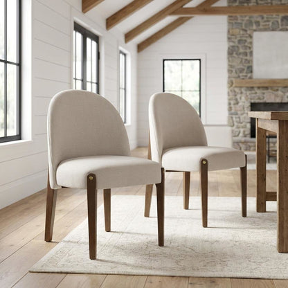 Chenille Accent Side Chair with Dark Oak Wood Legs, Beige Chenille & Dark Oak, Set of 2