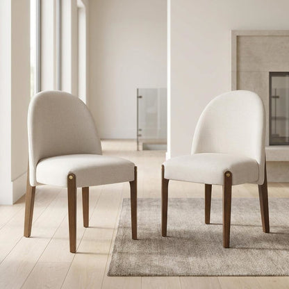 Chenille Accent Side Chair with Dark Oak Wood Legs, Beige Chenille & Dark Oak, Set of 2