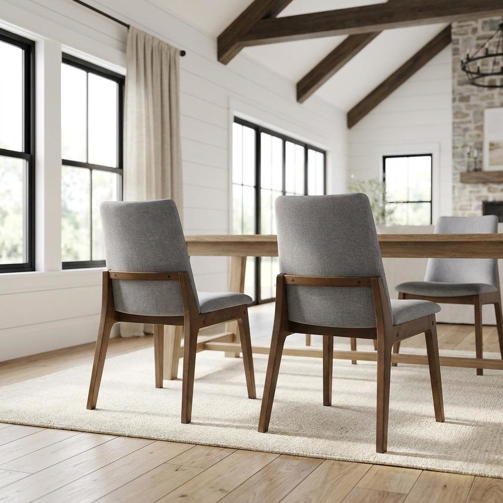 Fabric Dining Side Chair, Scandinavian, Light Gray Fabric & Walnut, Set of 2