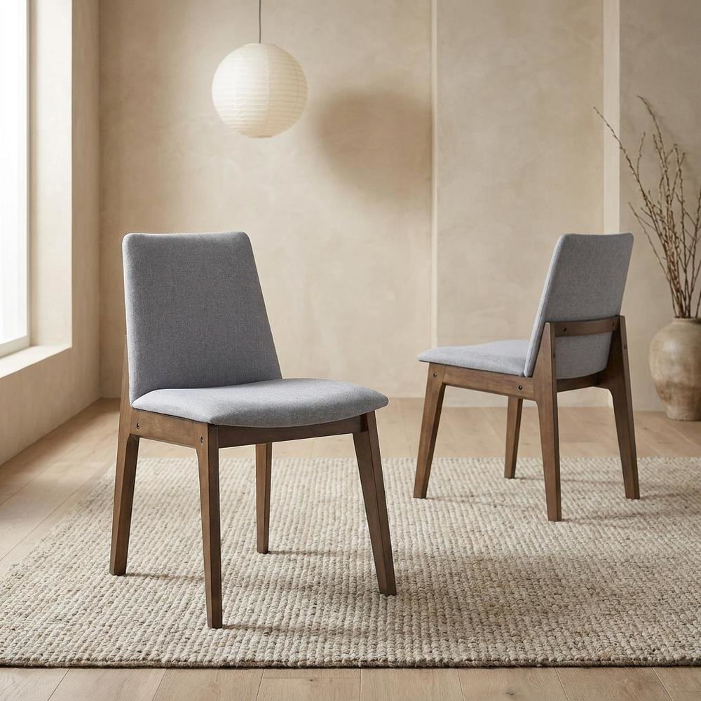 Fabric Dining Side Chair, Scandinavian, Light Gray Fabric & Walnut, Set of 2