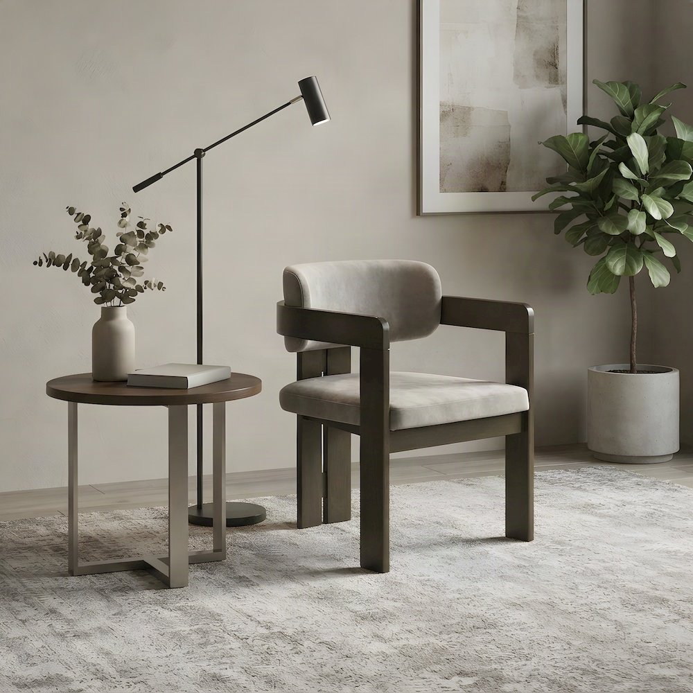 Microfiber Upholstered Dining Chair, Arms and Walnut Legs, Light Gray & Walnut