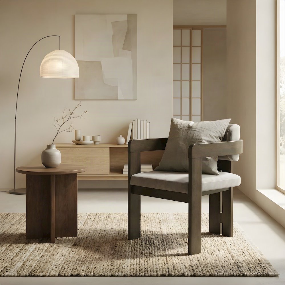Microfiber Upholstered Dining Chair, Arms and Walnut Legs, Light Gray & Walnut