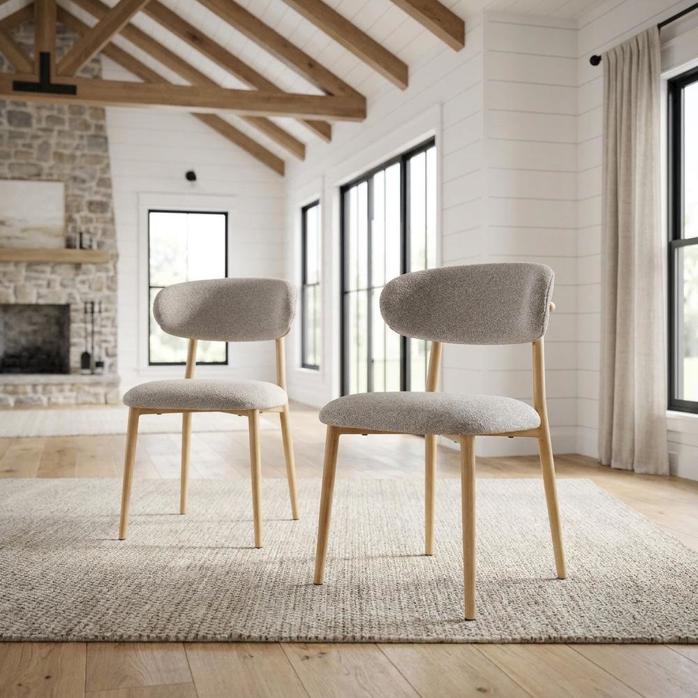 Boucle Upholstered Dining Chairs with Metal Legs, Gray Boucle & Natural, Set of 2