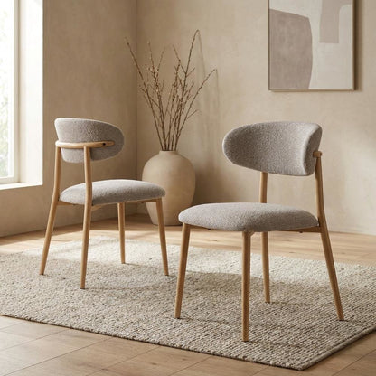 Boucle Upholstered Dining Chairs with Metal Legs, Gray Boucle & Natural, Set of 2