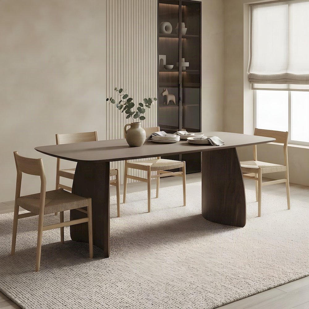 Wood Veneer Scandinavian Dining Table, Rectangle Kitchen Dinner Table, Walnut