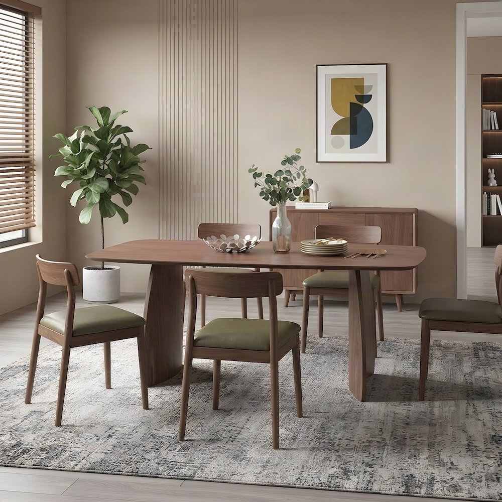 Wood Veneer Scandinavian Dining Table, Rectangle Kitchen Dinner Table, Walnut