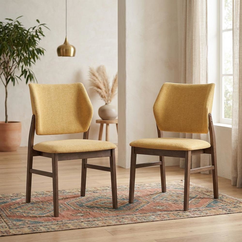 Linen-Upholstered Side Chair with Walnut Legs, Set of 2,Yellow Linen & Walnut, Set of 2