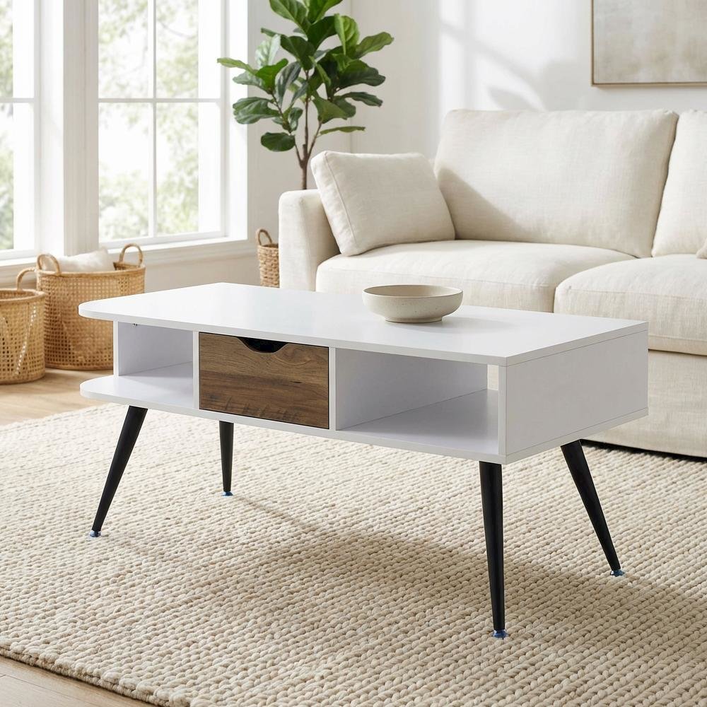 White Rectangular Coffee Table with Metal Frame and Composite Wood Surface