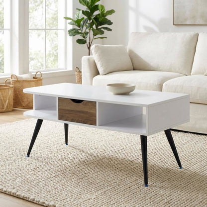 White Rectangular Coffee Table with Metal Frame and Composite Wood Surface