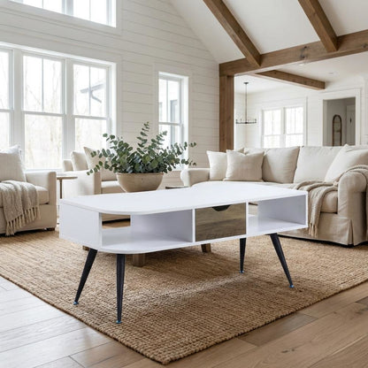 White Rectangular Coffee Table with Metal Frame and Composite Wood Surface