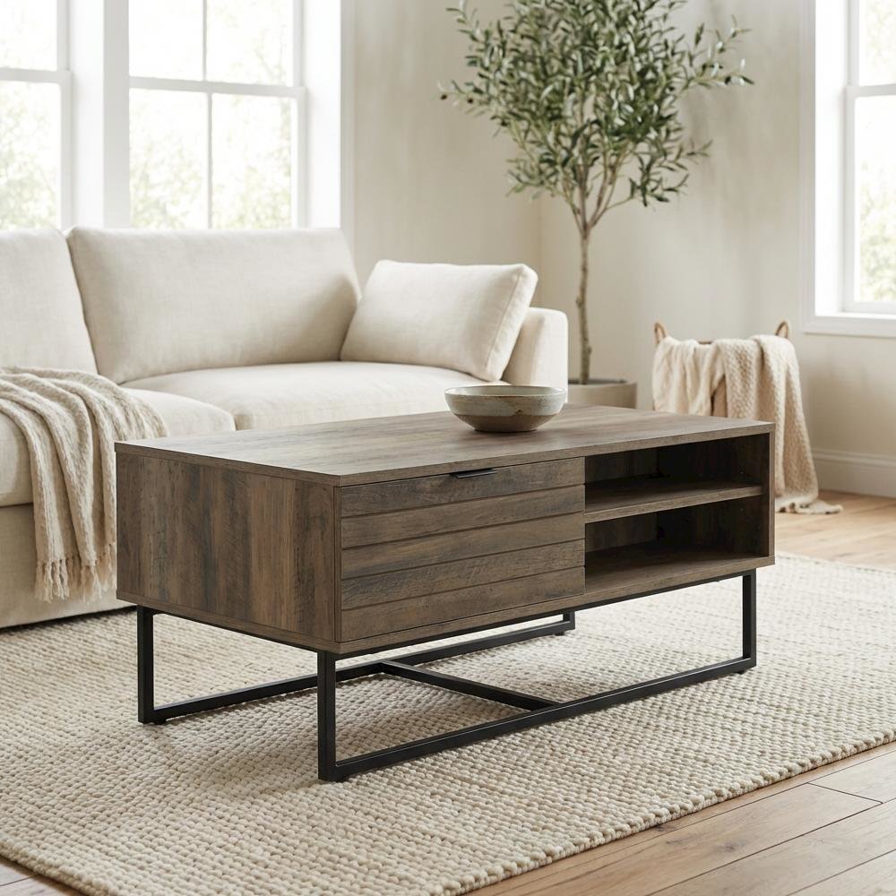 Brown Rectangular Coffee Table - Composite Wood and Metal Frame, Rustic Finish