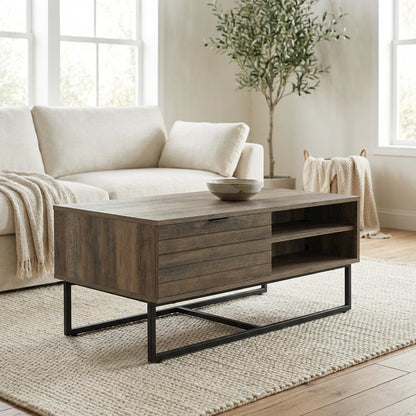Brown Rectangular Coffee Table - Composite Wood and Metal Frame, Rustic Finish