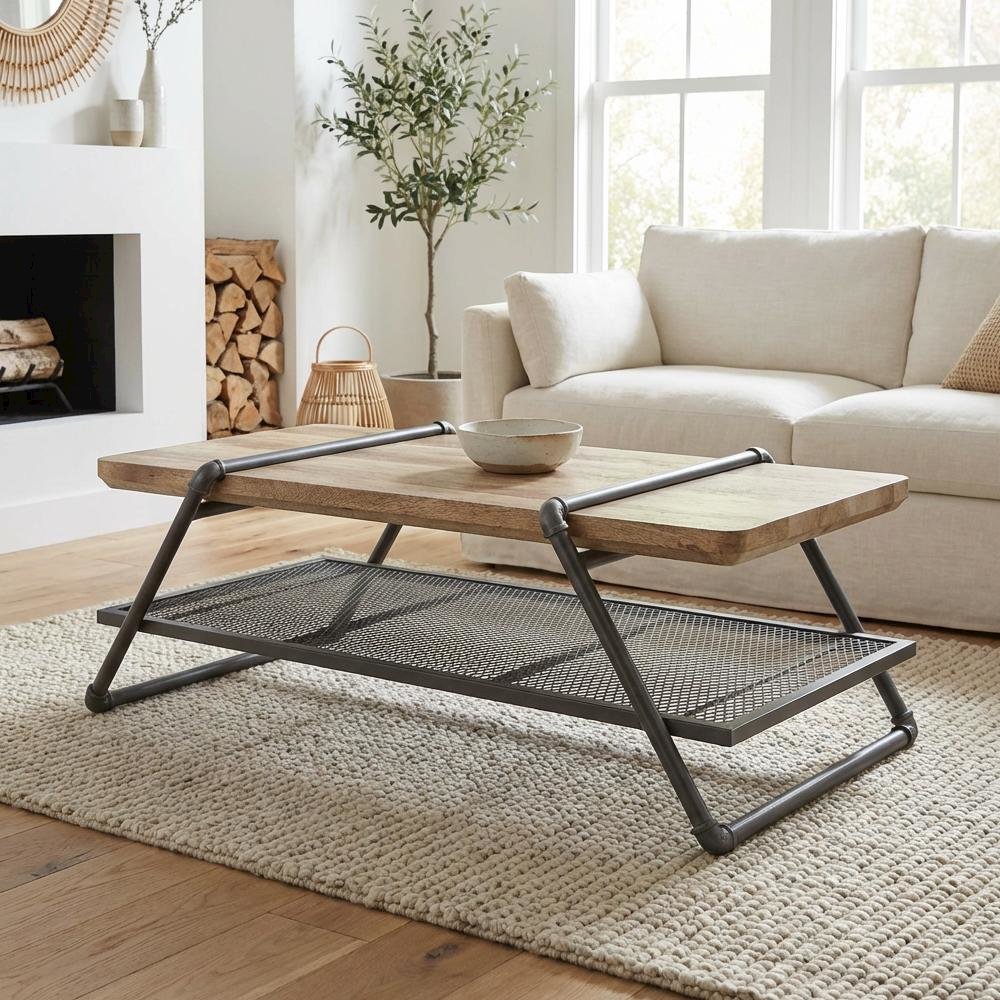 Rectangular Oak and Sandy Gray Coffee Table - Industrial Design, Metal Accents