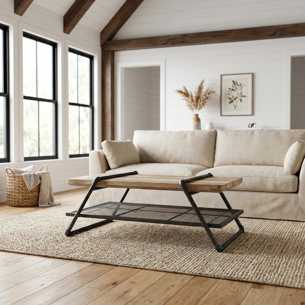 Rectangular Oak and Sandy Gray Coffee Table - Industrial Design, Metal Accents