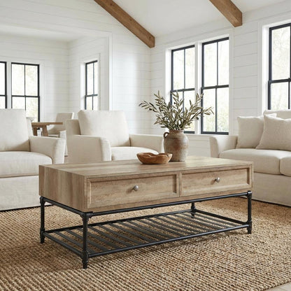 Oak and Sandy Black Finish Rectangular Coffee Table Industrial Metal MDF Veneer