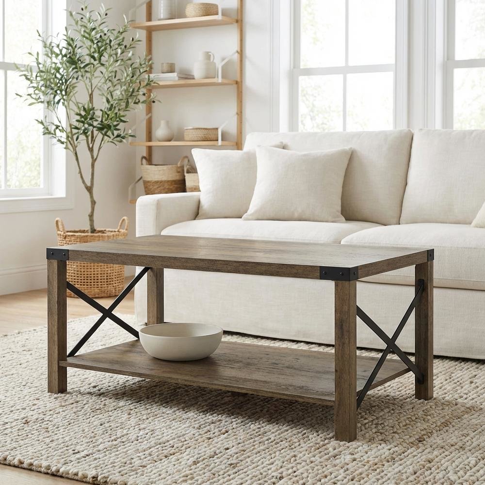 Rustic Oak Finish Rectangular Coffee Table Industrial Style MDF Metal Frame