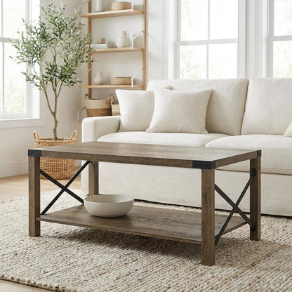 Rustic Oak Finish Rectangular Coffee Table Industrial Style MDF Metal Frame