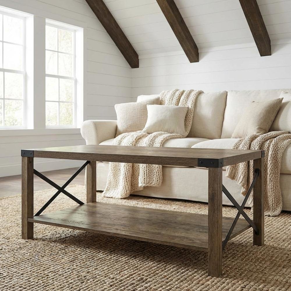 Rustic Oak Finish Rectangular Coffee Table Industrial Style MDF Metal Frame