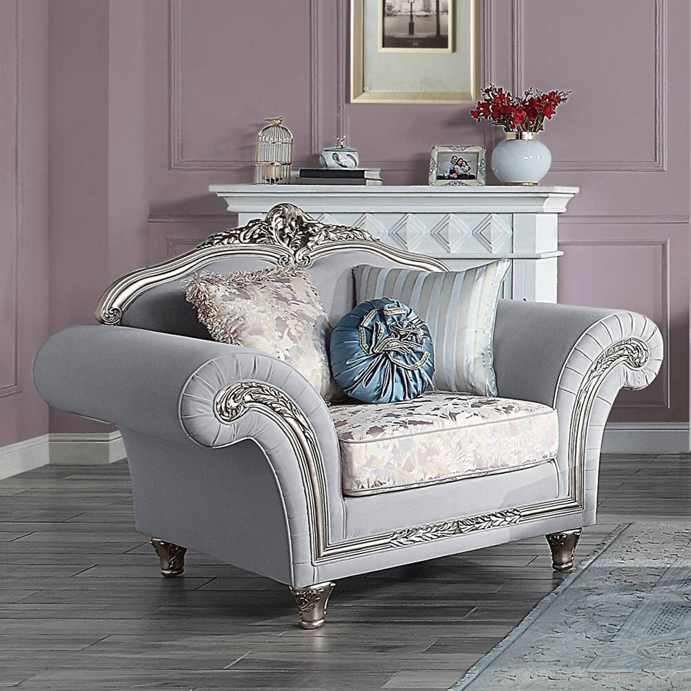 Pelumi Chair w/3 Pillows Light Gray Linen & Platinum