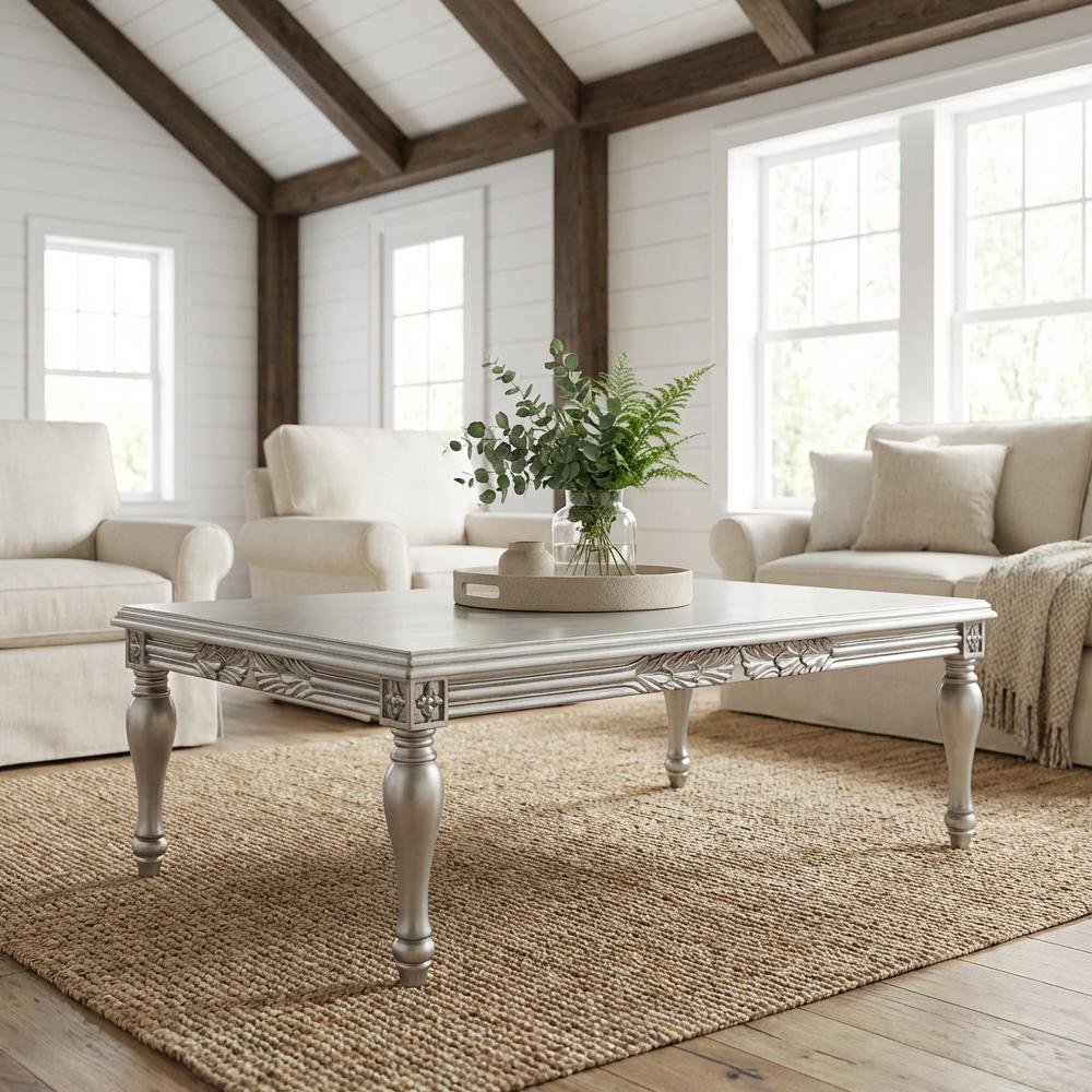 Silver Rectangular Coffee Table with Premium Finish Wood Composite Surface