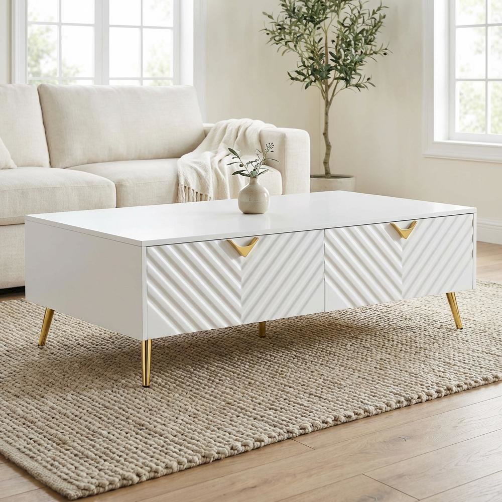 White High Gloss Coffee Table with Composite Wood and Metal Frame