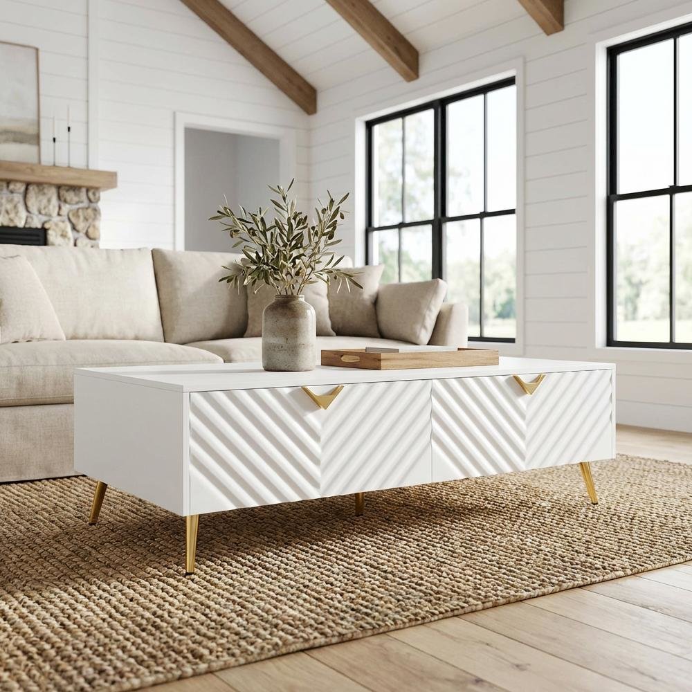 White High Gloss Coffee Table with Composite Wood and Metal Frame
