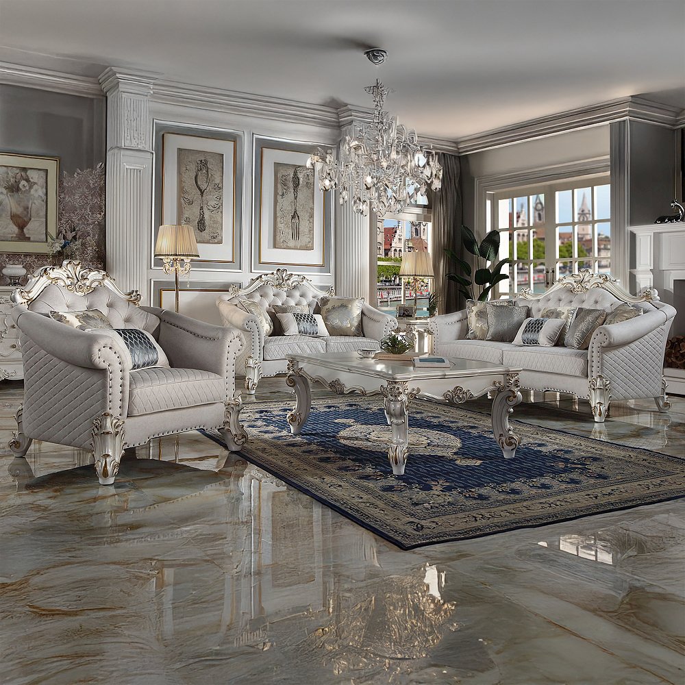 Vendome II Chair w/2 Pillows Two Tone Ivory Fabric & Antique Pearl