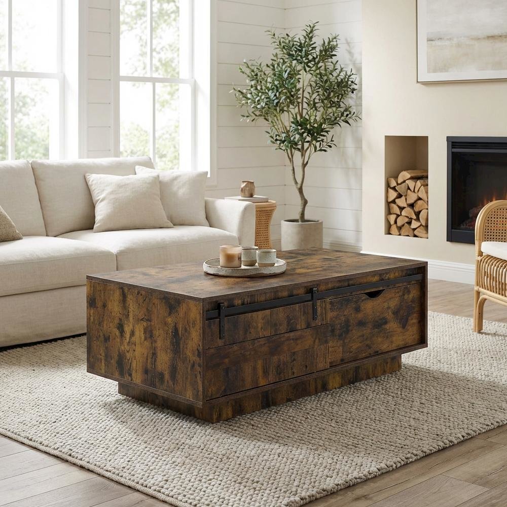 Rustic Oak Wooden Rectangular Coffee Table with Metal Legs and Storage Shelf